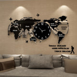 World Map Large Wall Clock Modern Design 3D Stickers Hanging Clock