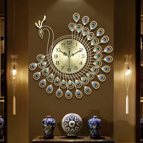 3D Gold Diamond Peacock Wall Clock Metal Watch